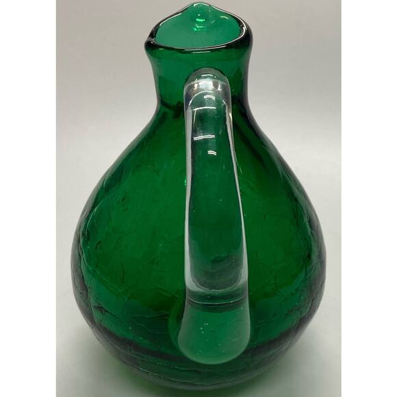 Blenko Green Art Glass Crackled Small Pitcher Clear Handle - Picture 3 of 7